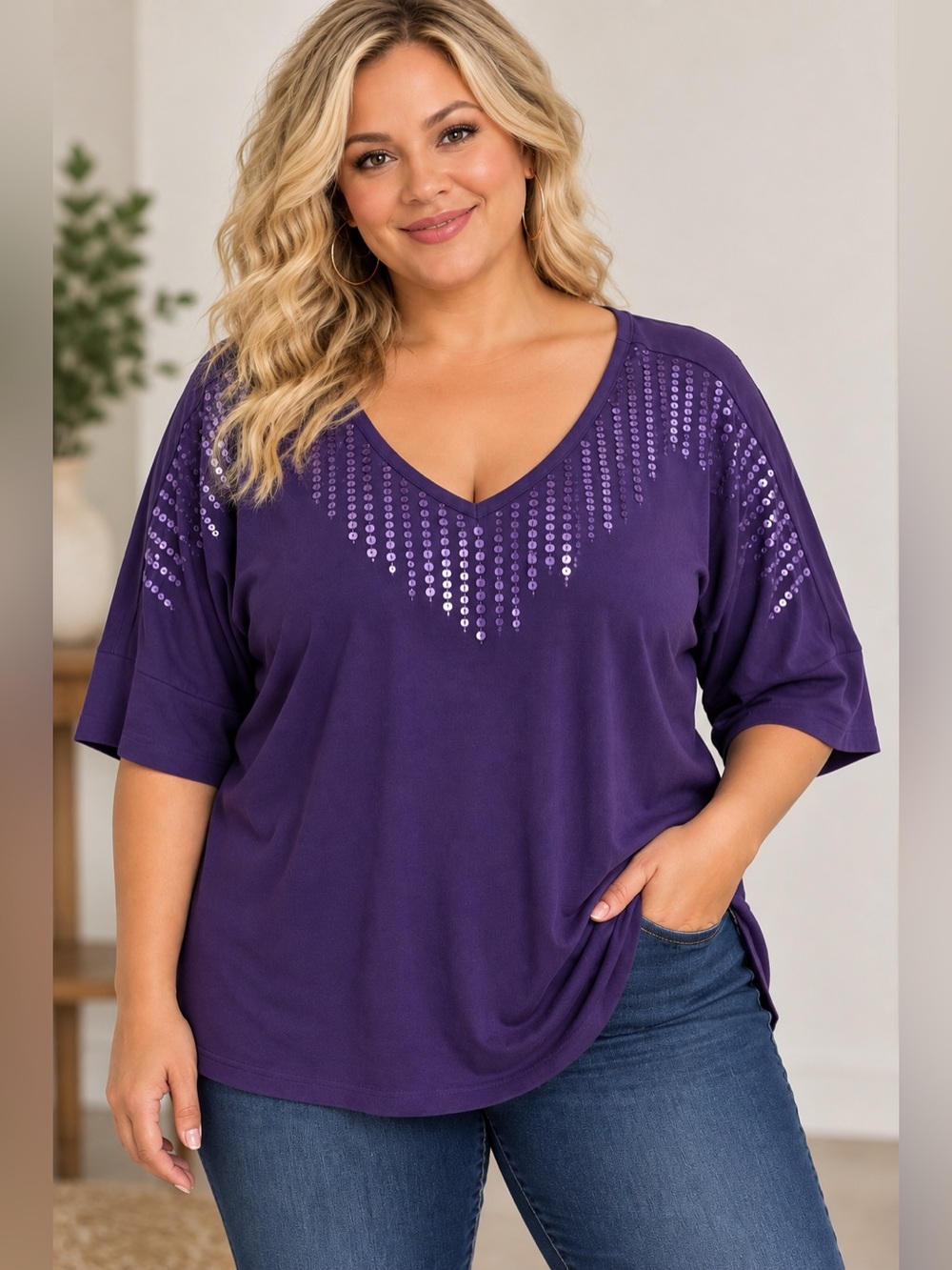 💜 ANA Purple Sequin Embellished V-Neck Top 2XL